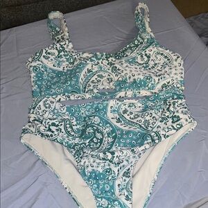Teal and White Paisley Swimsuit 1X